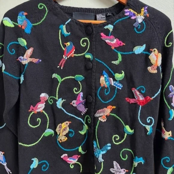Michael Simon Women Bird Embroidered Beaded Cardigan Size S Colorful Art to Wear - Picture 3 of 13